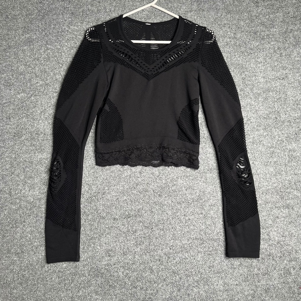 Alo‎ Yoga Women Black Seamless Mesh Laser Cut Lace Trim Long Sleeve Crop Top XS